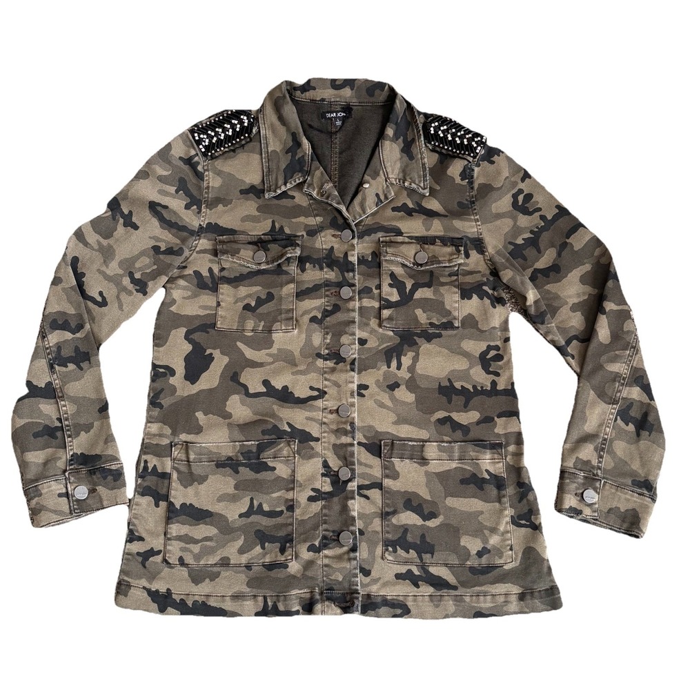 Dear John Women's Camouflage Utility Jacket Beads Button Stretch Punk Size Large